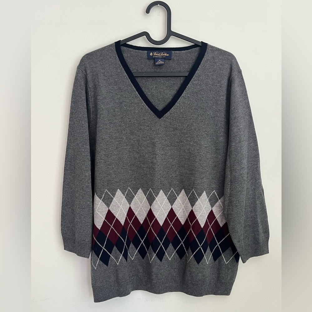 Brooks Brothers Gray V-Neck Argyle Sweater Cotton/Silk blend size XL